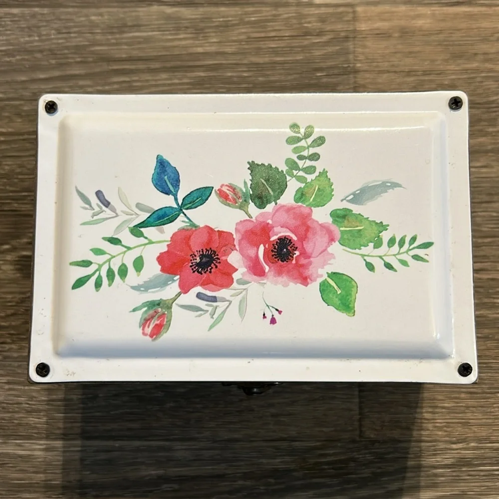 Wooden Trinket Jewelry Storage Box Floral Enamel Tin Top Metal Clasp Closure